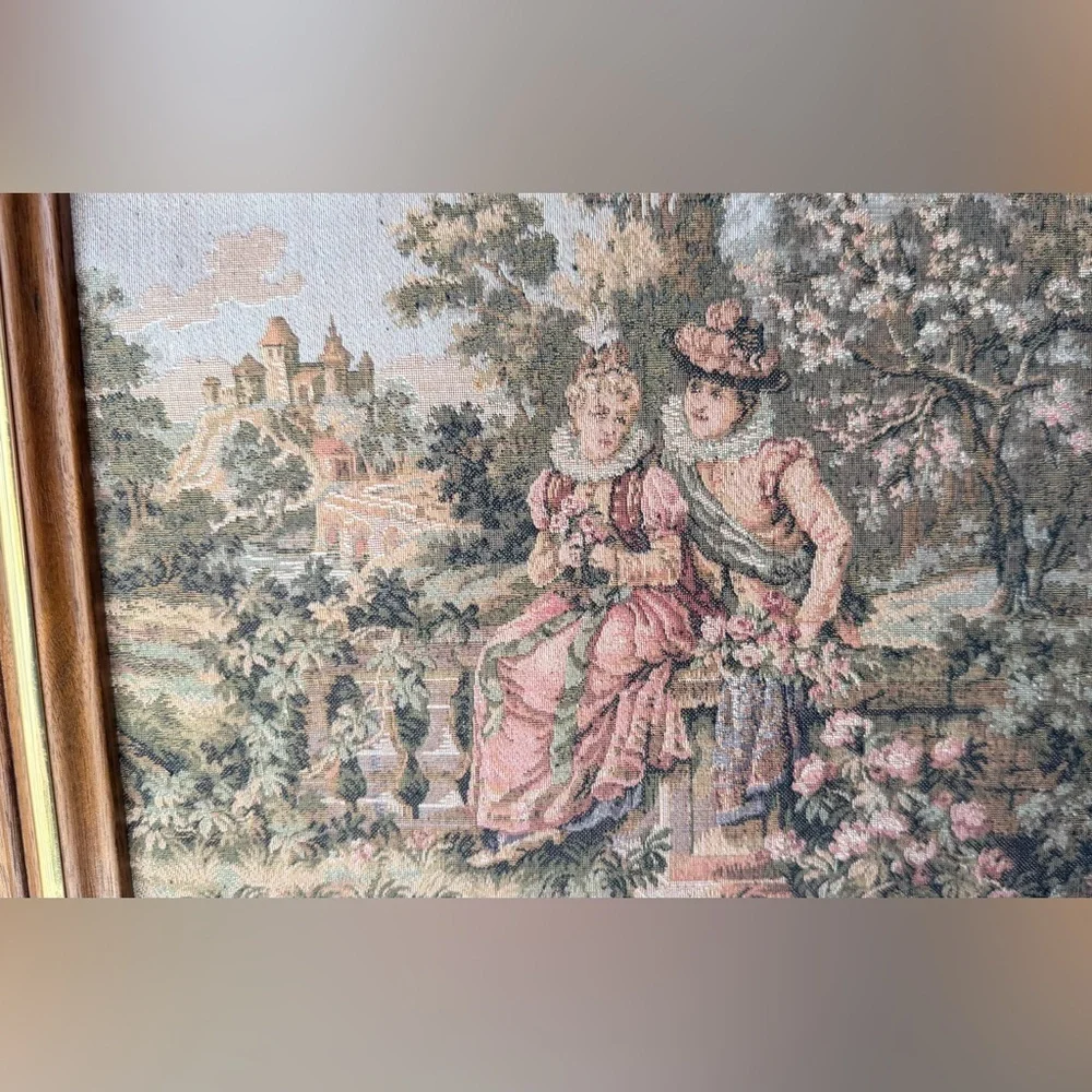 Vintage Tapestry Wall Art Pink & Green Countryside Scene wooden brass frame